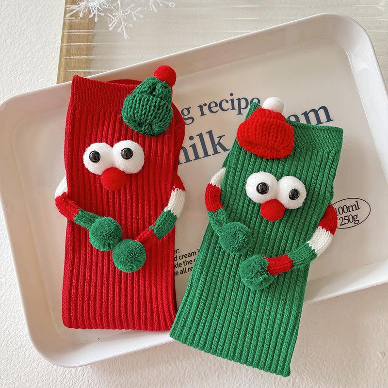 Whimsical Googly Eye 3D Christmas Socks in Red and Green for Kids