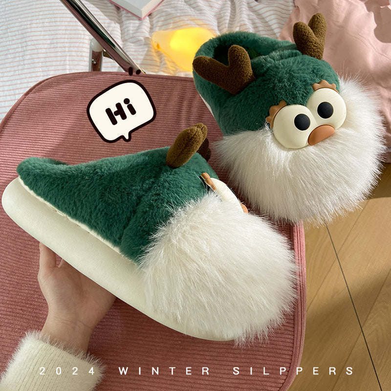 Whimsical Reindeer Santa Claus themed Green and White Slippers