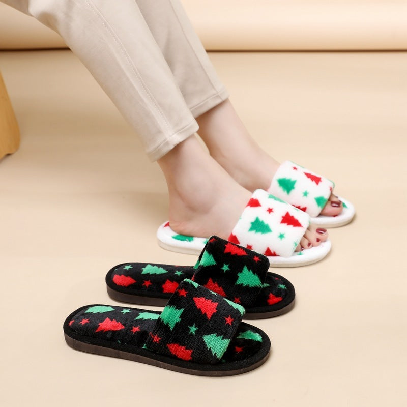 Multicolor Christmas Themed Fleece Open Toed House Shoes