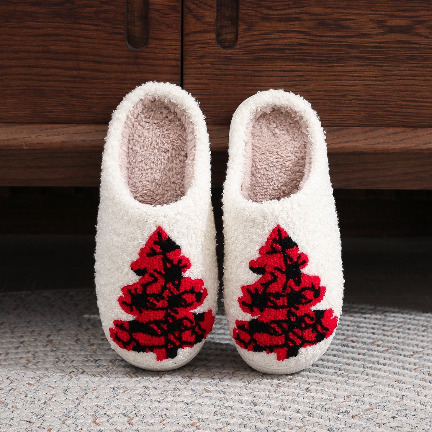 Soft Fleece Lined House Slippers with Red and Black Christmas Trees