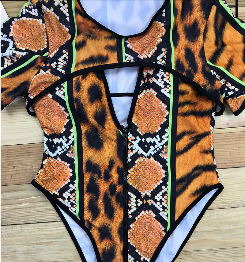 Women's One Piece Mixed Animal Print Short Sleeve Swimsuit