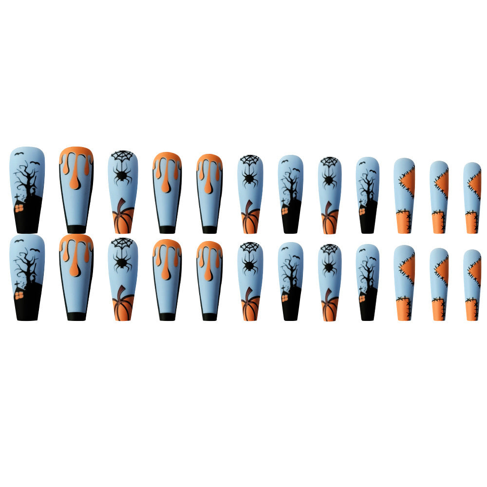 Women's Long Halloween Themed Coffin Nail Set in Blue and Orange