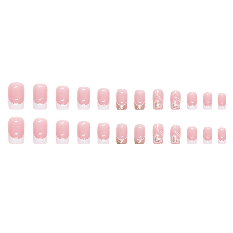 Women's French Tip Square Shaped Short Nail Set with Hearts and Glitter