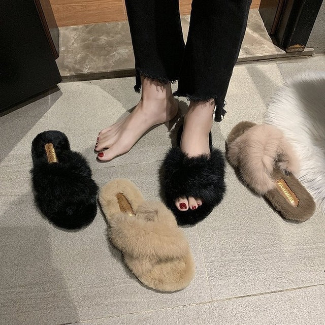 Fuzzy Fur Crisscross Slipper Shoes