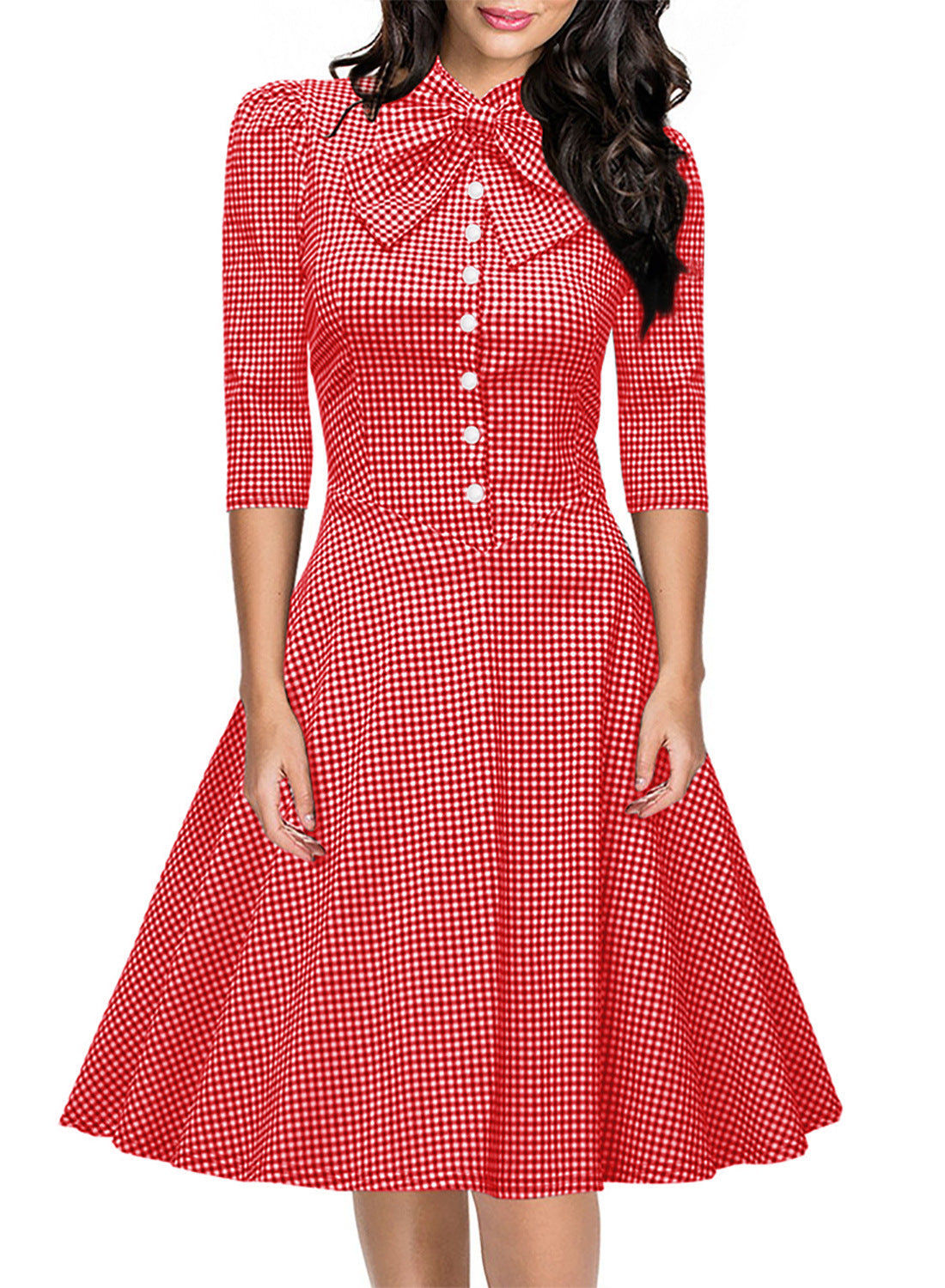 Gingham Bow Button-Front A-Line Dress