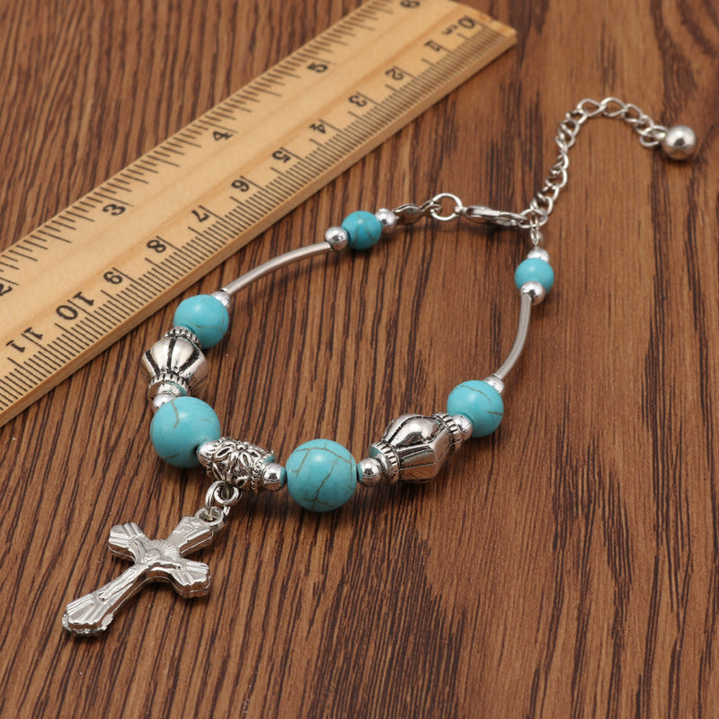 Cross and Turquoise Beaded Bracelet