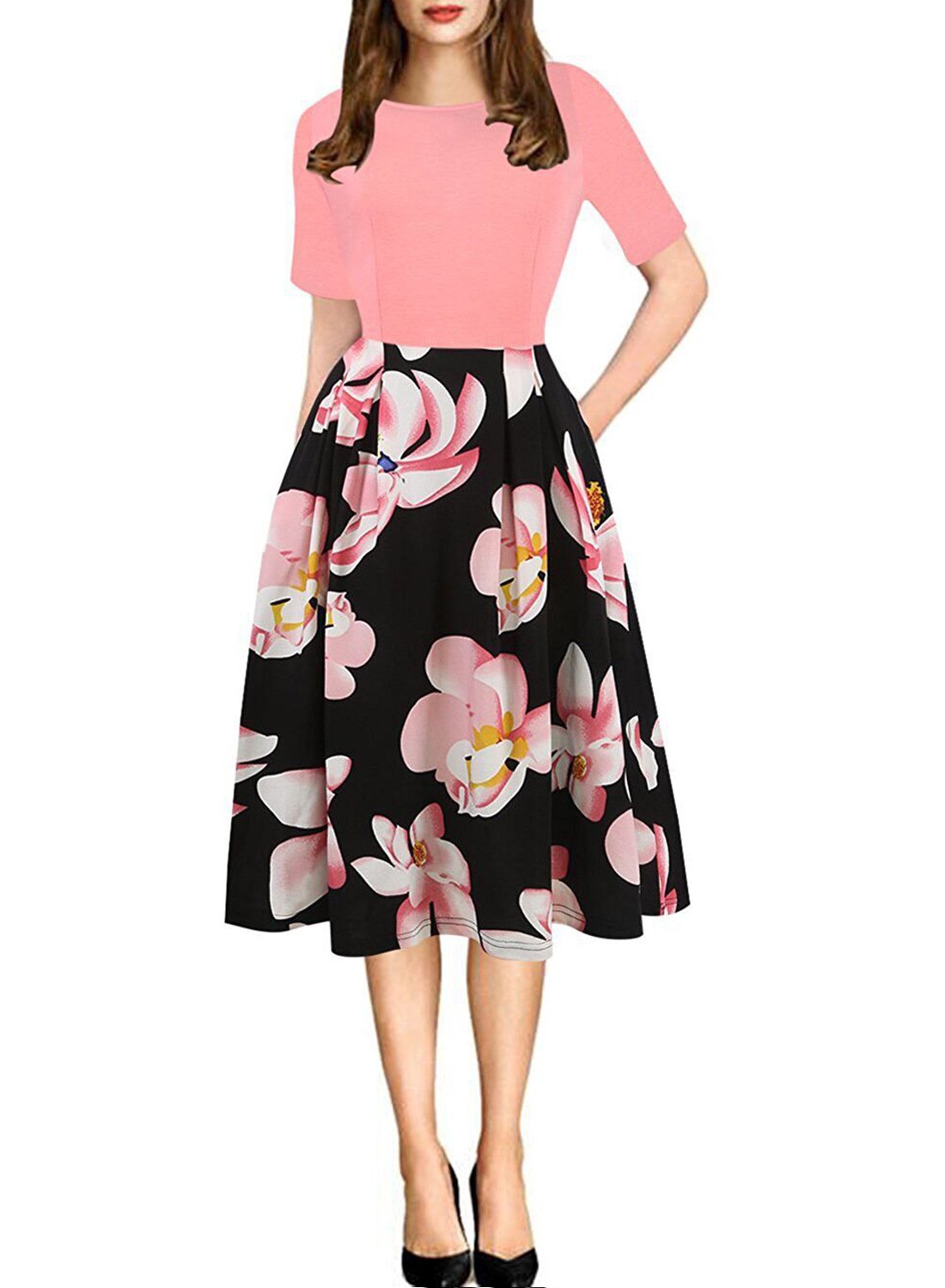 Patterned Half-Sleeve Knee-Length A-Line Dress