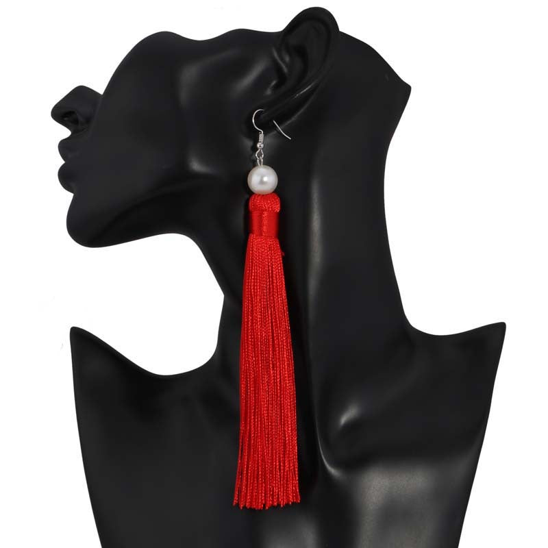 Red Tassel Pearl Drop Earrings