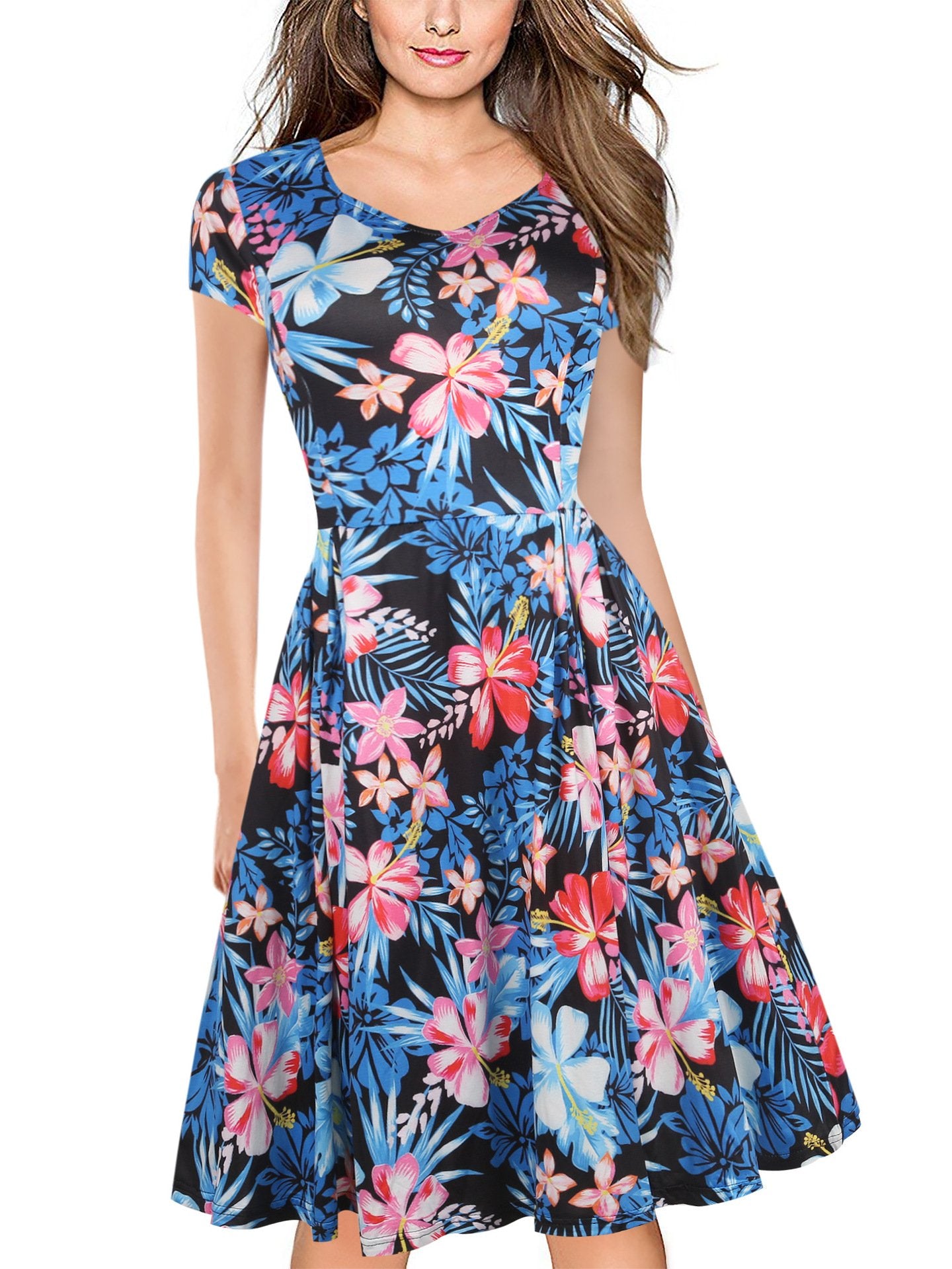 Vestido de linha A-decote em V floral