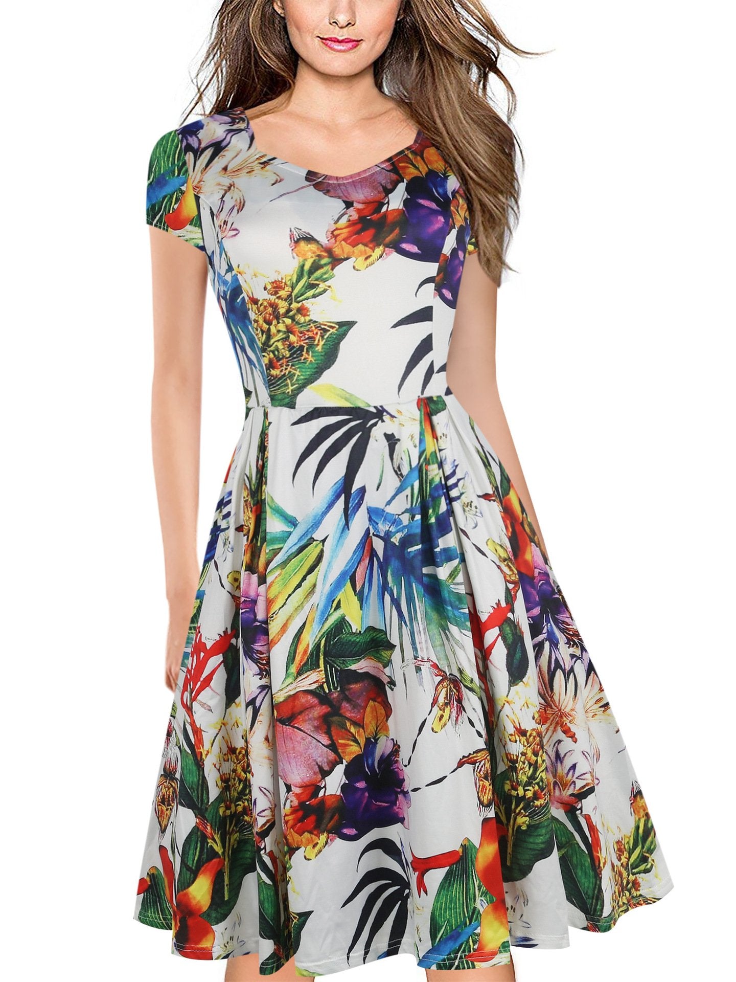 Vestido de linha A-decote em V floral