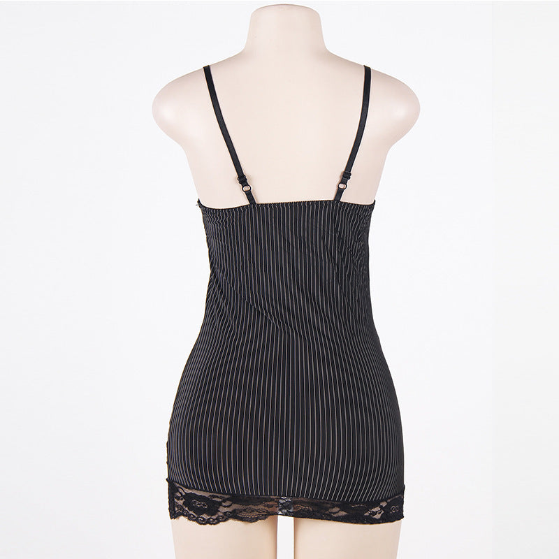 Plus Size Black Lace & Pinstripe Dress