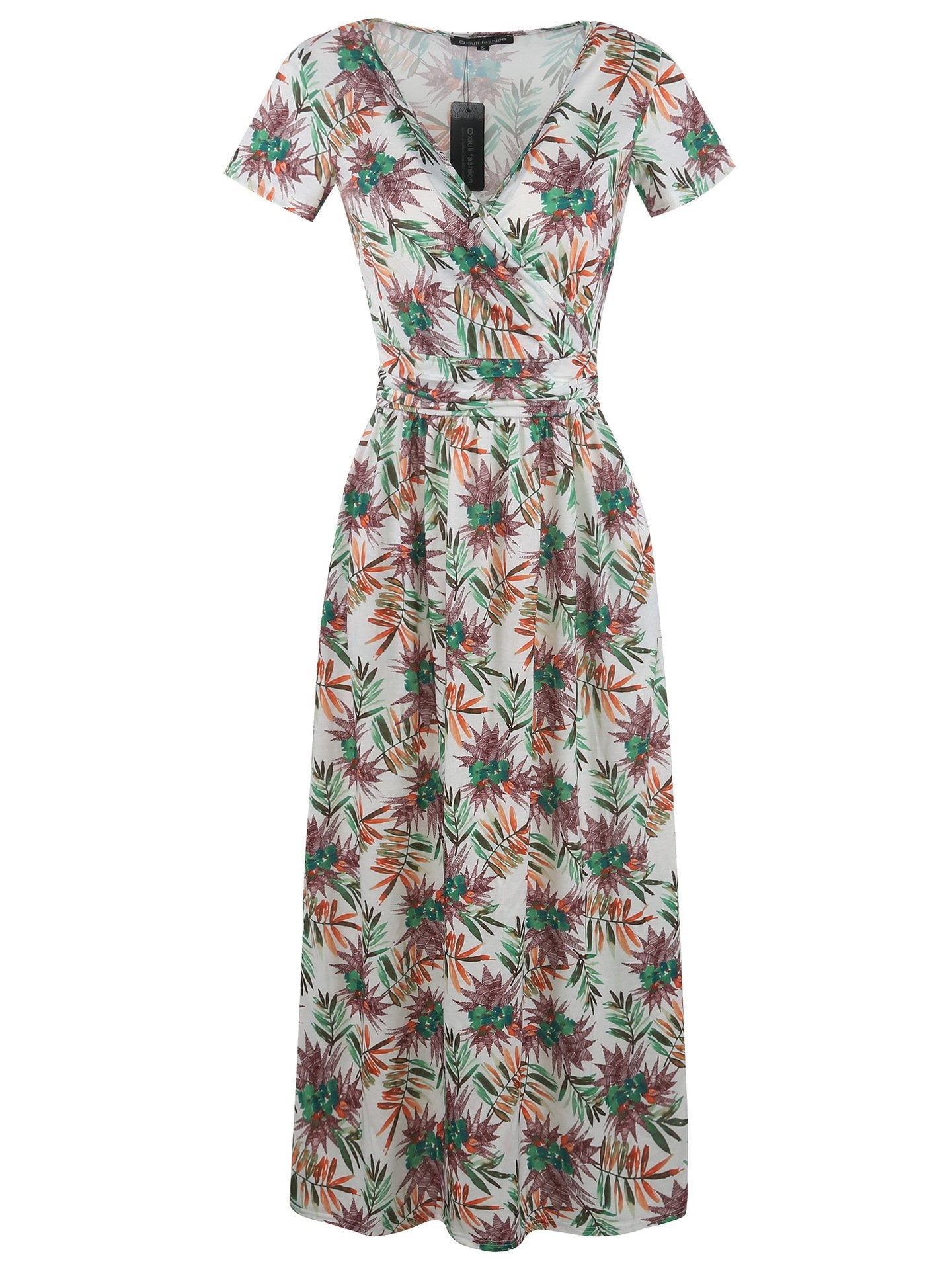 Patterned Surplice Cap-Sleeve Semi-Fitted Dress