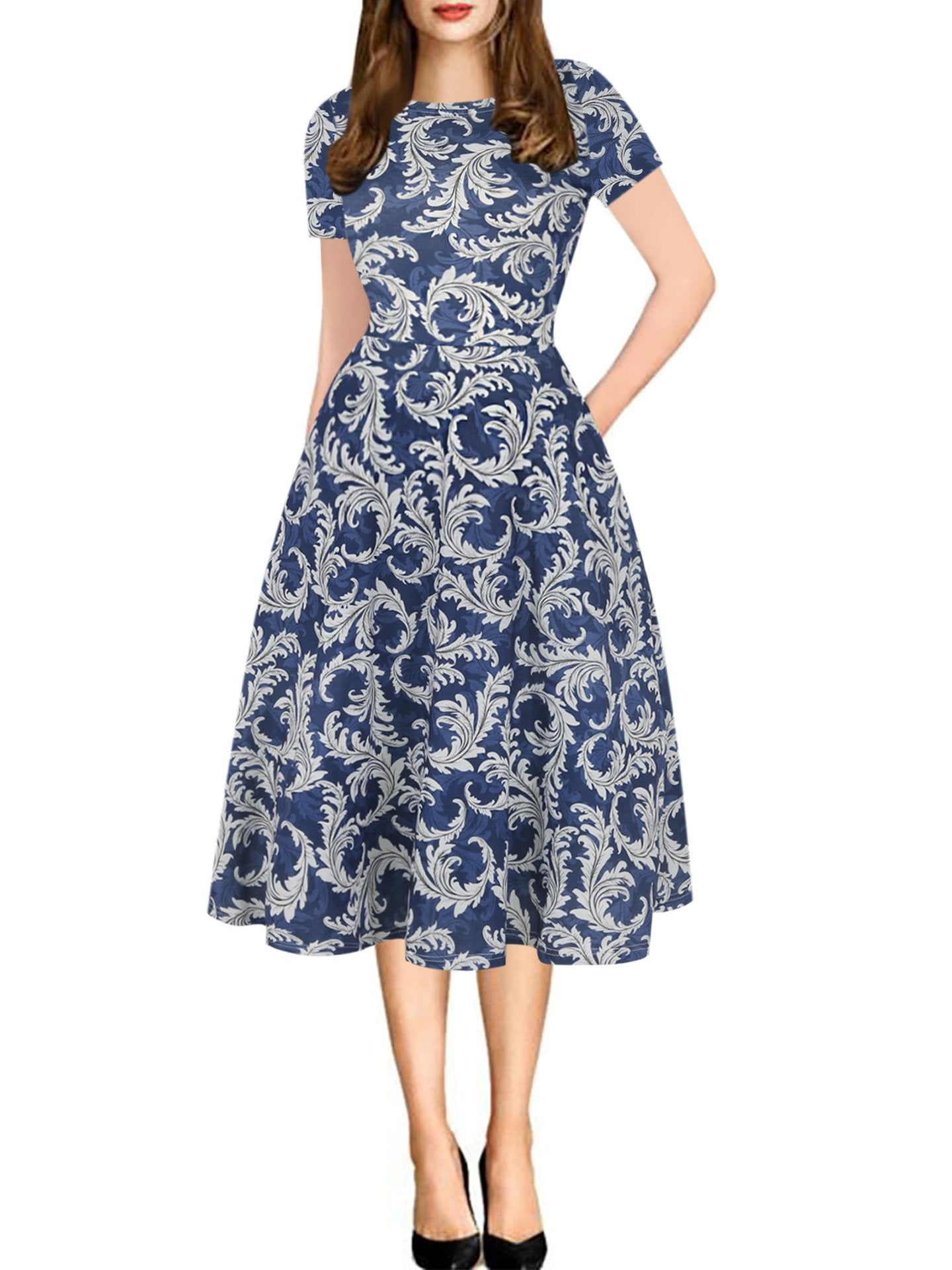 Print Short-Sleeve A-Line Midi Dress