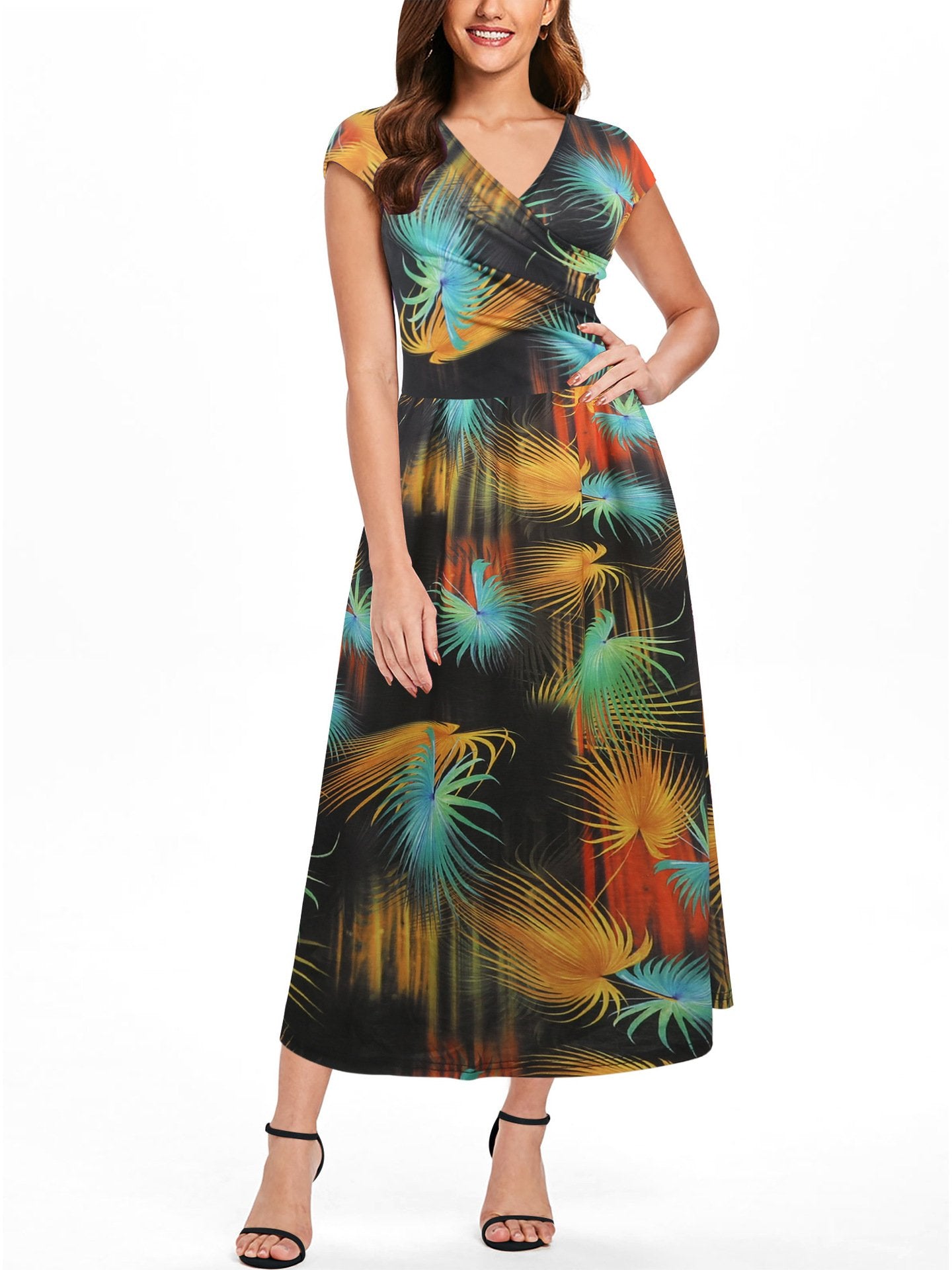 Crossover Surplice Cap-Sleeve Semi-Fitted Dress - Theone Apparel