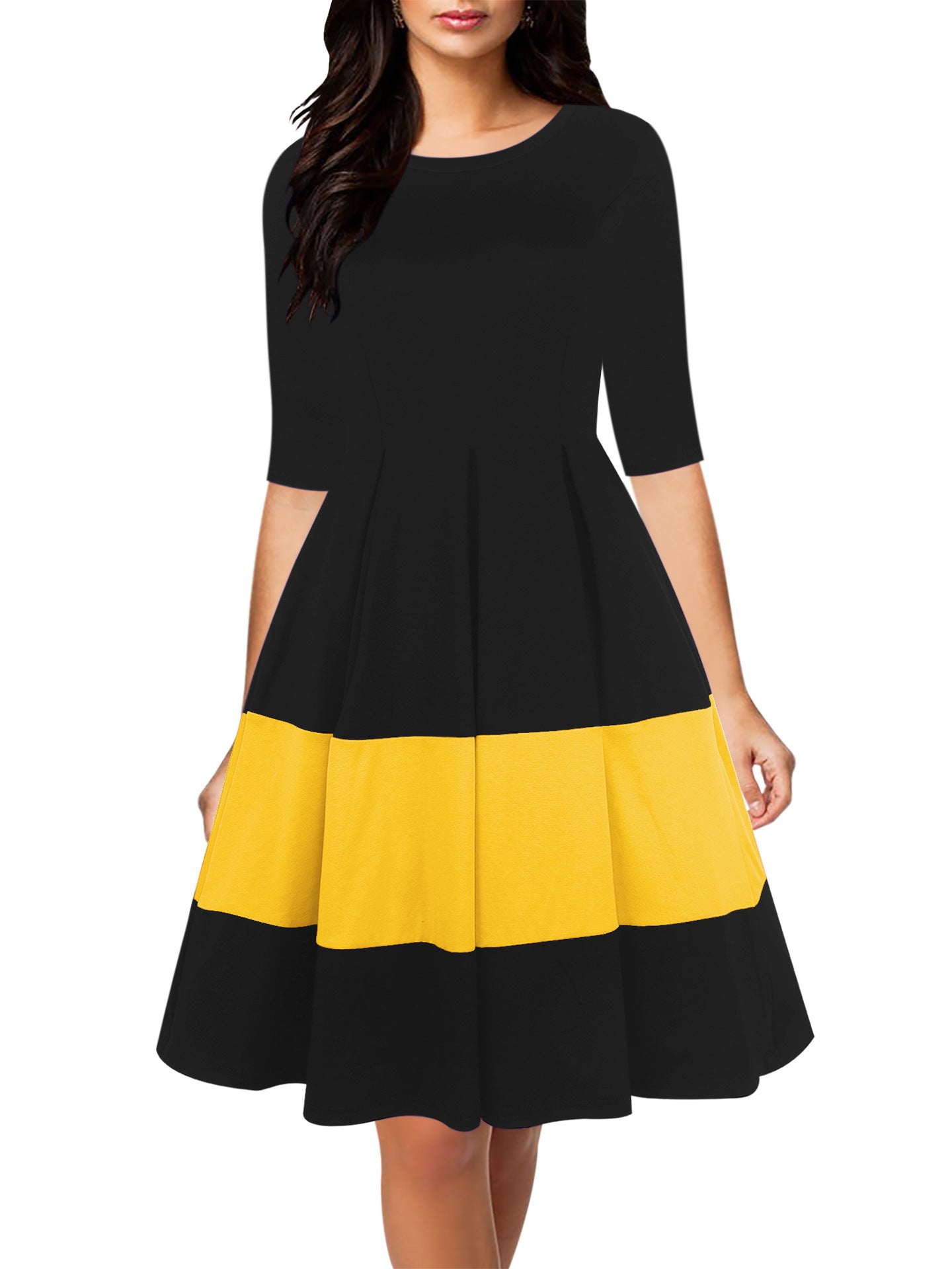 Pleated Skirt Three-Quarter Sleeve Dress