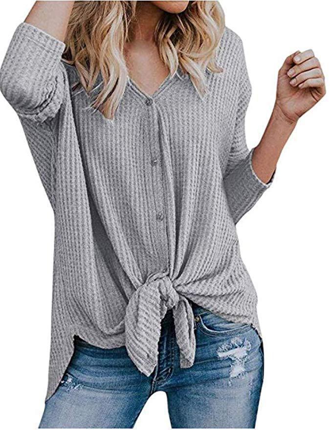 Waffle Knit Tie-Hem Button-Up Tunic