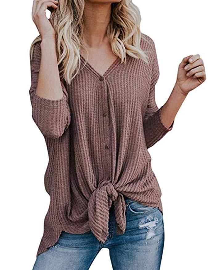 Waffle Knit Tie-Hem Button-Up Tunic