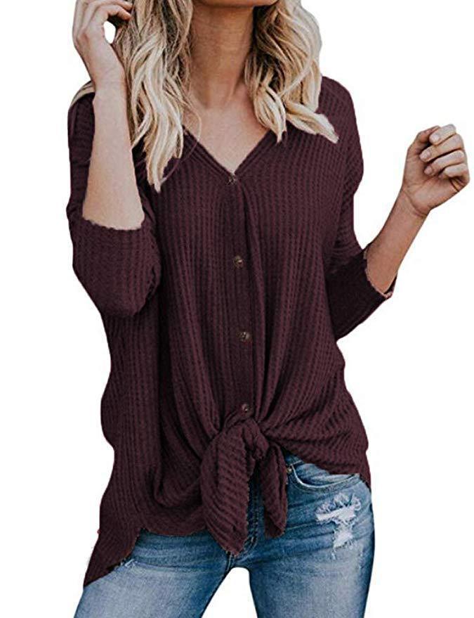 Waffle Knit Tie-Hem Button-Up Tunic