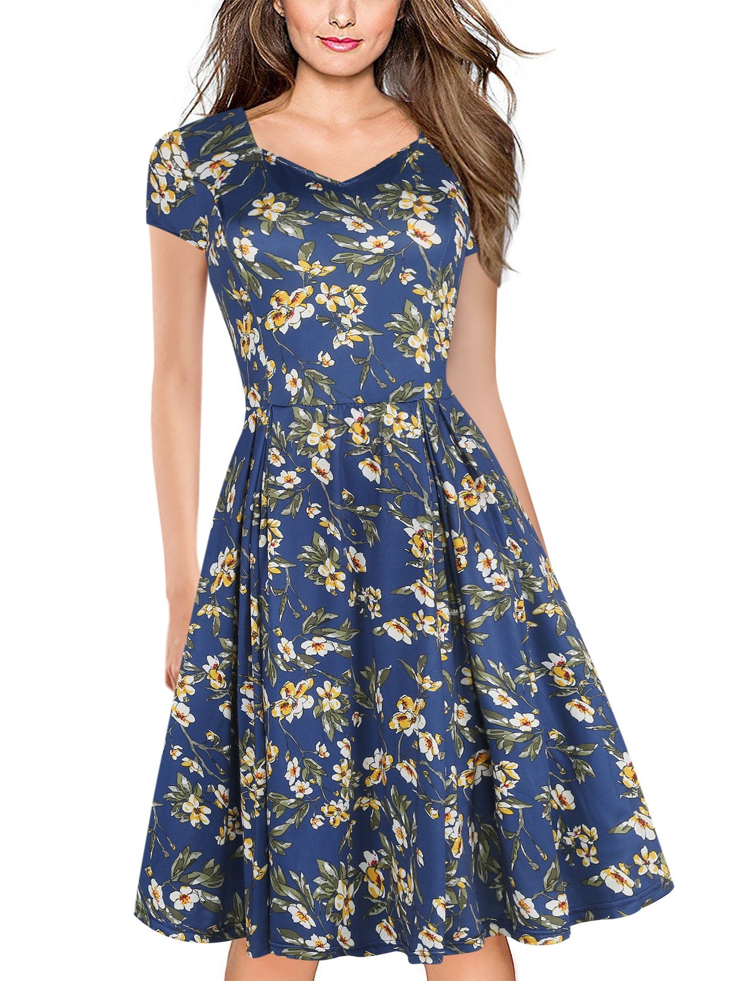 Vestido de linha A-decote em V floral