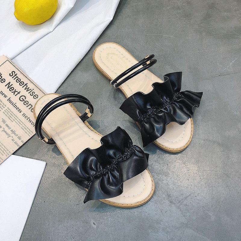 Faux Leather Ruffle Strap Sliders - Theone Apparel