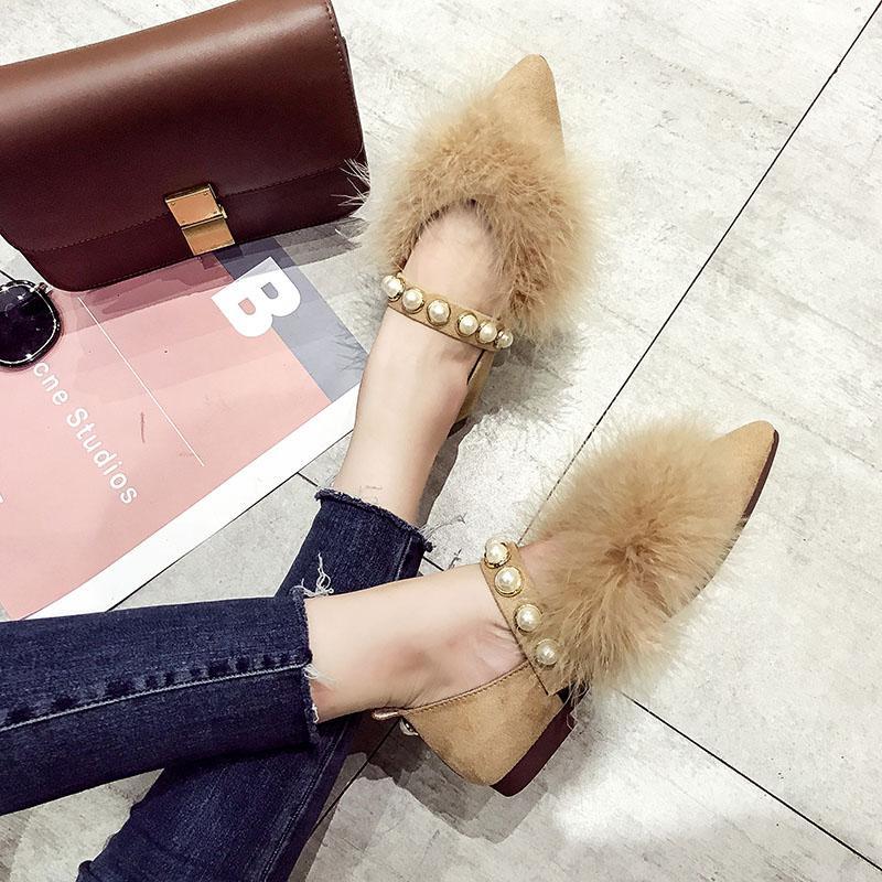 Furry Pearl Trim Fashion Flats - Theone Apparel