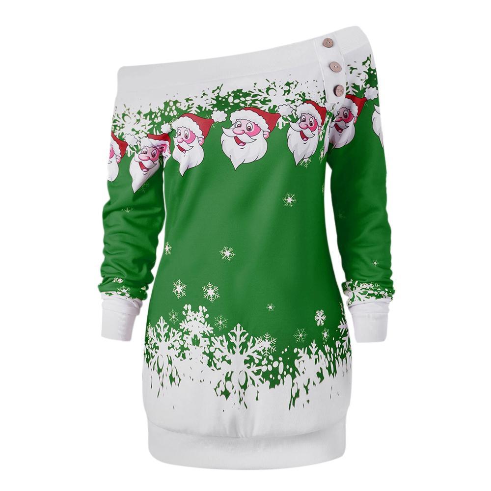 Sudadera con cuello sesgado y copos de nieve de Papá Noel