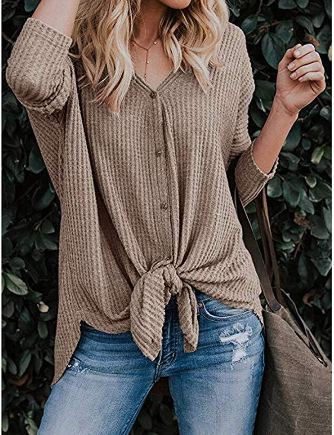 Waffle Knit Tie-Hem Button-Up Tunic