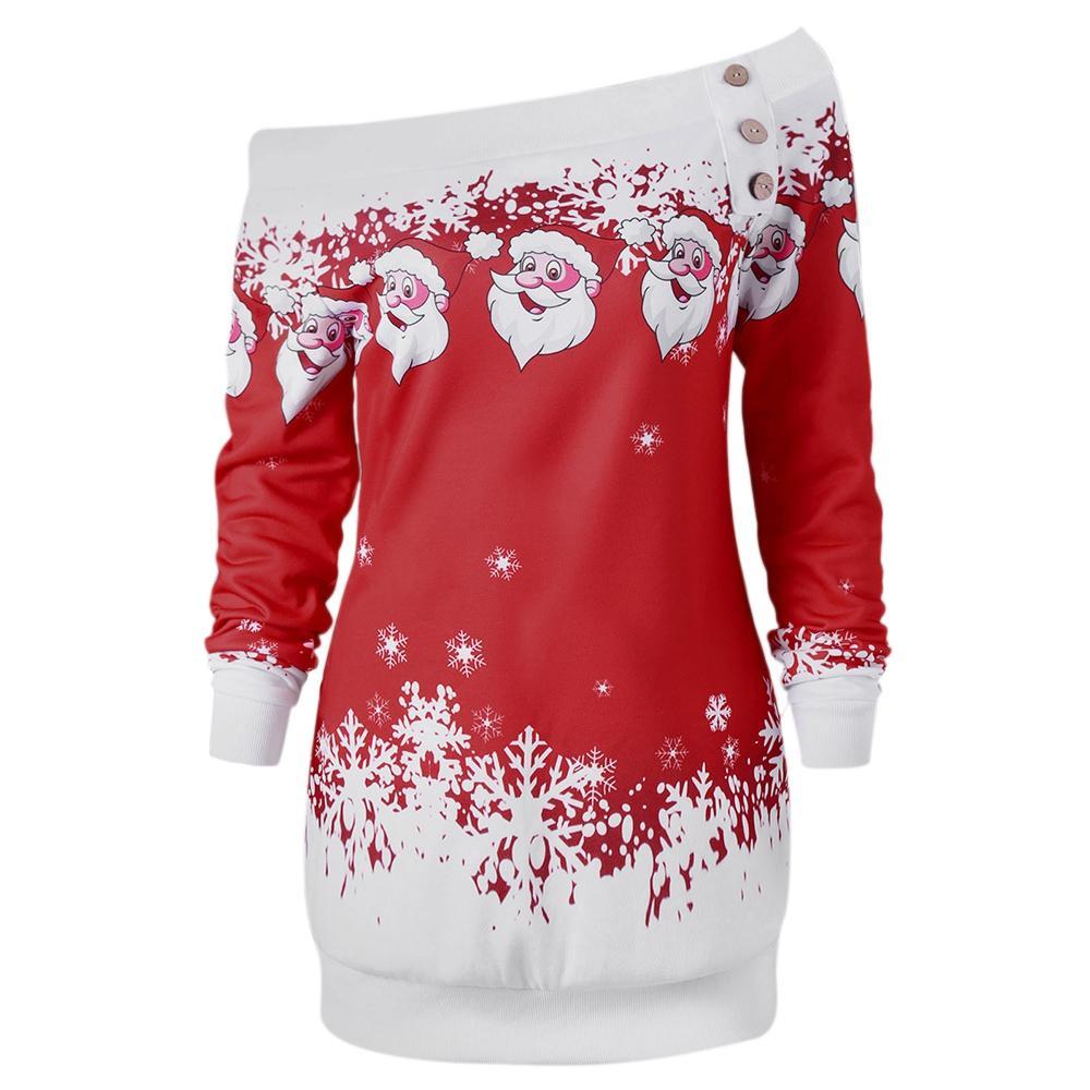 Sudadera con cuello sesgado y copos de nieve de Papá Noel