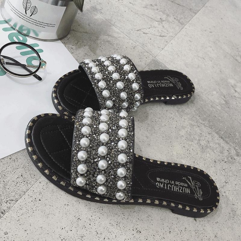 Pearl Encrusted Stud Trim Slippers