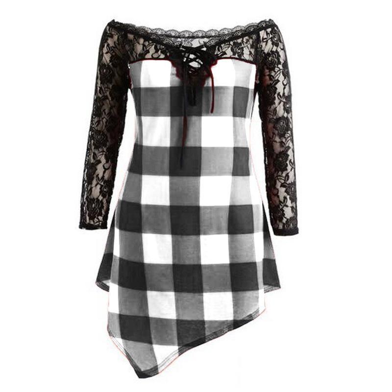 Plaid Checker Lace High Low Shirt