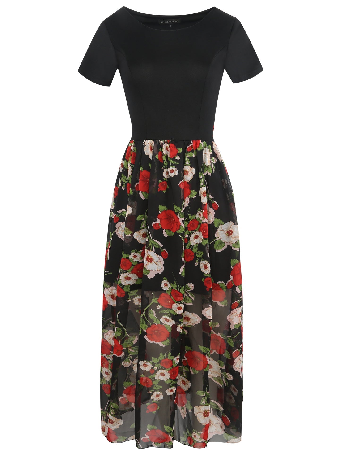 Black Floral Contrast Sheer-Hem Skirt - THEONE APPAREL