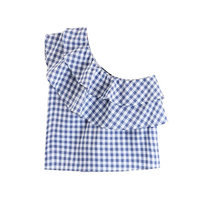 Blue & White Gingham Ruffle Top - THEONE APPAREL