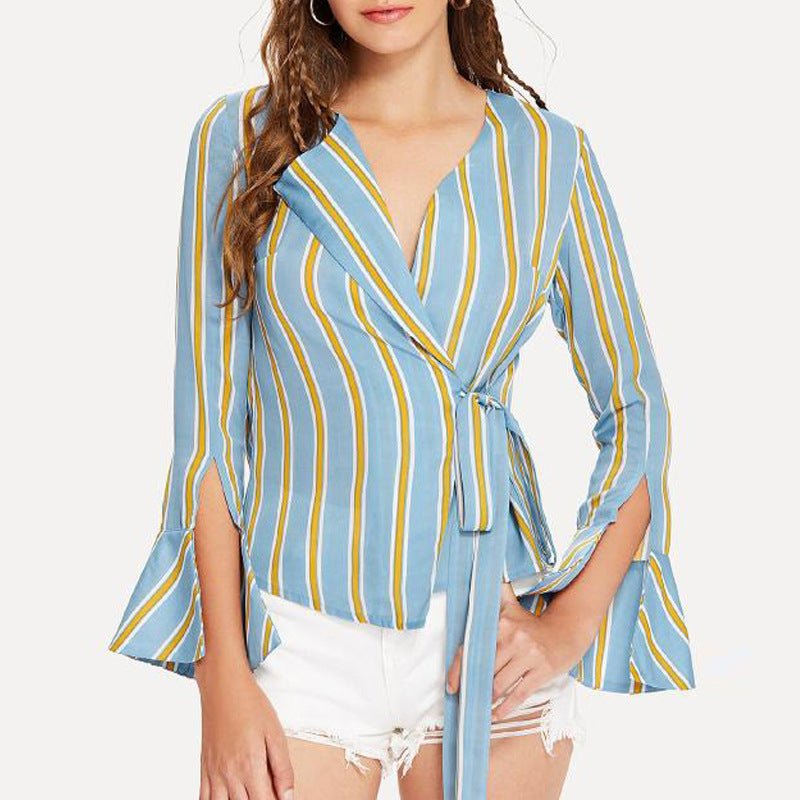 Blue & Yellow Stripe Wrap Top - THEONE APPAREL