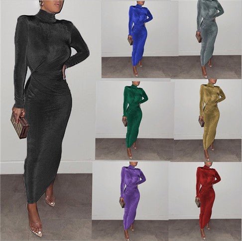 Body Con Long Sleeve Mock Neck Maxi Dress - THEONE APPAREL