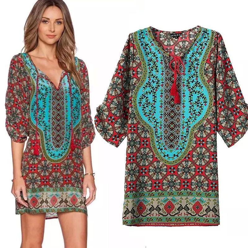 Bohemian Print Kaftan Mini Dress - THEONE APPAREL