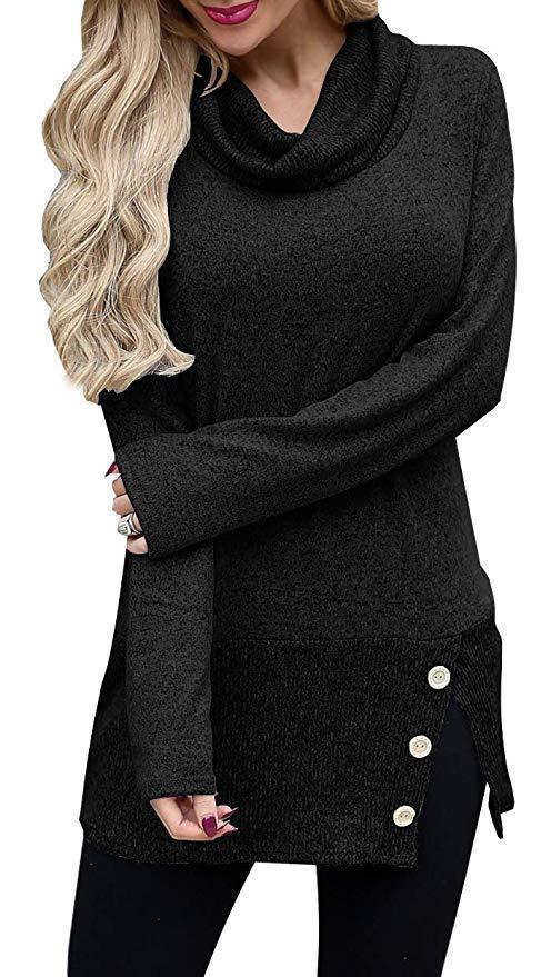 Button-Accent Side-Slit Cowl-Neck Tunic Sweater - THEONE APPAREL