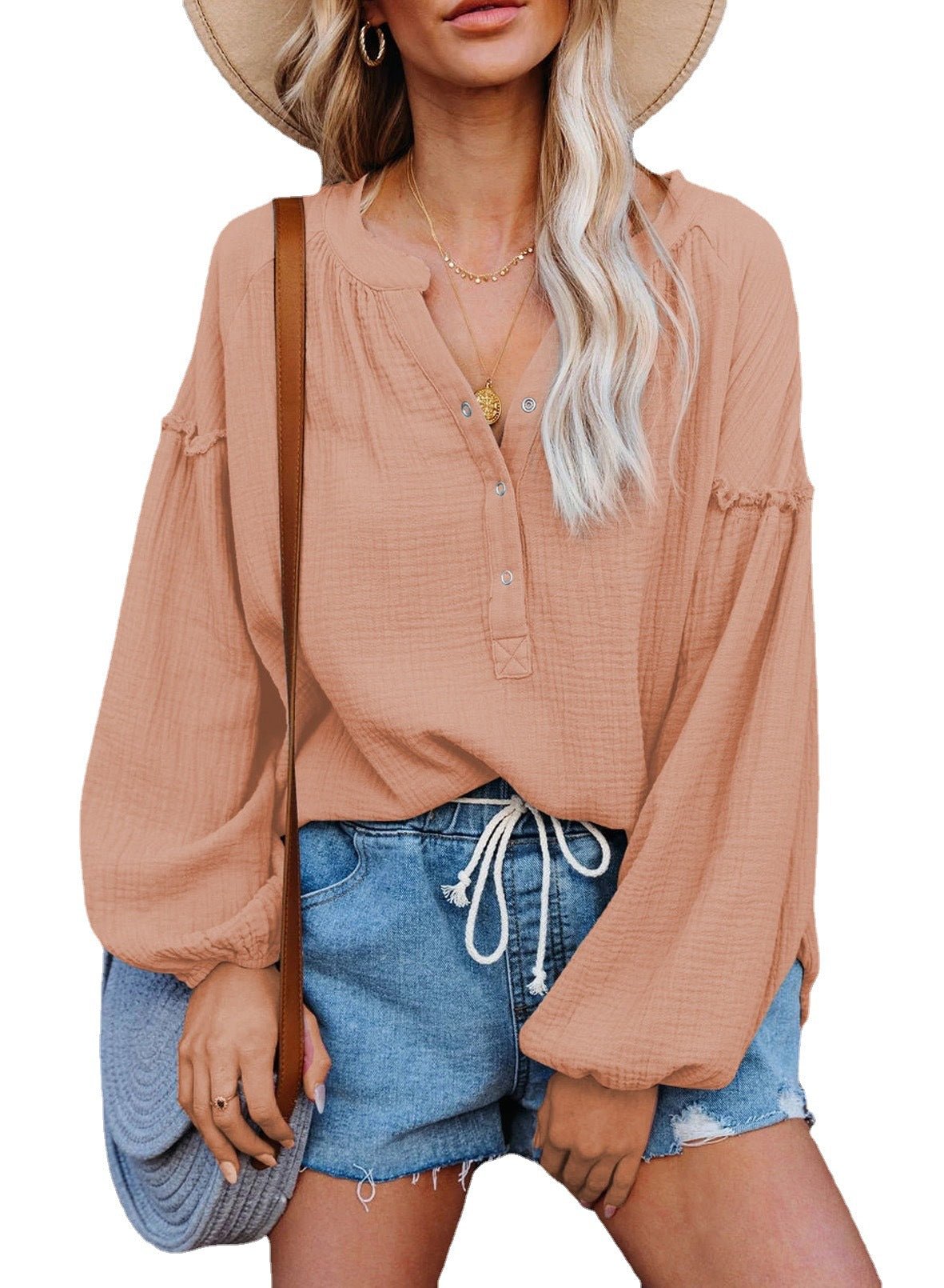 Button Up V-Neck Long Loose Sleeved Top - THEONE APPAREL