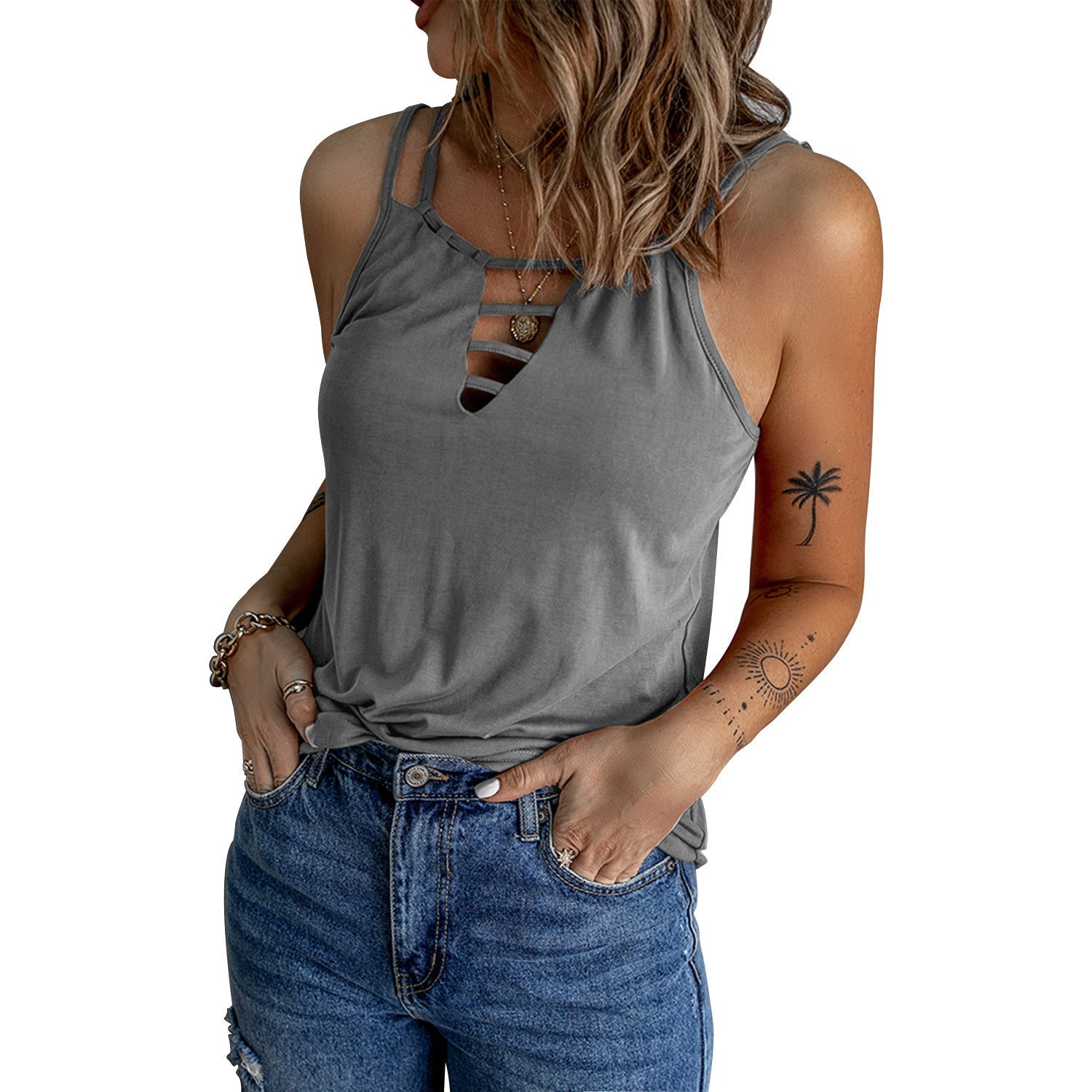 Casual V-neck Strappy Tank Top - THEONE APPAREL